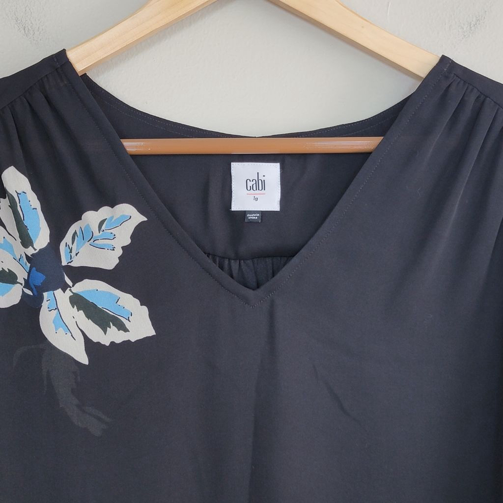 Cabi #5020 Fiore Floral Sheer V Neck Pleated Short Sleeve Blouse Top Black Red L - Picture 4 of 9